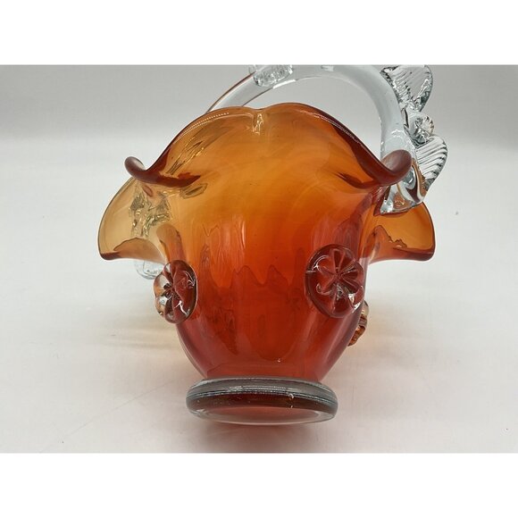 Vintage Hungarian Art Glass Burnt Orange And Clear 10 Inch Basket Collectible - Picture 16 of 16